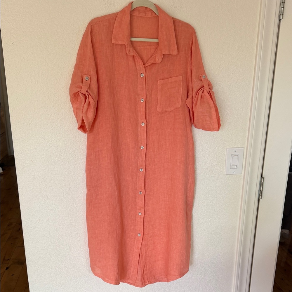 Coral Button-Front Linen Shirt Dress large